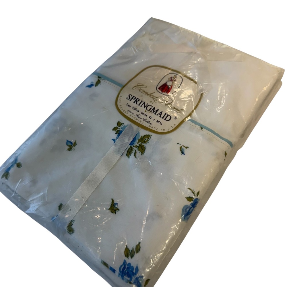 Vintage Springmaid Pillow Cases Set White Blue Floral Cotton NEW Deadstock